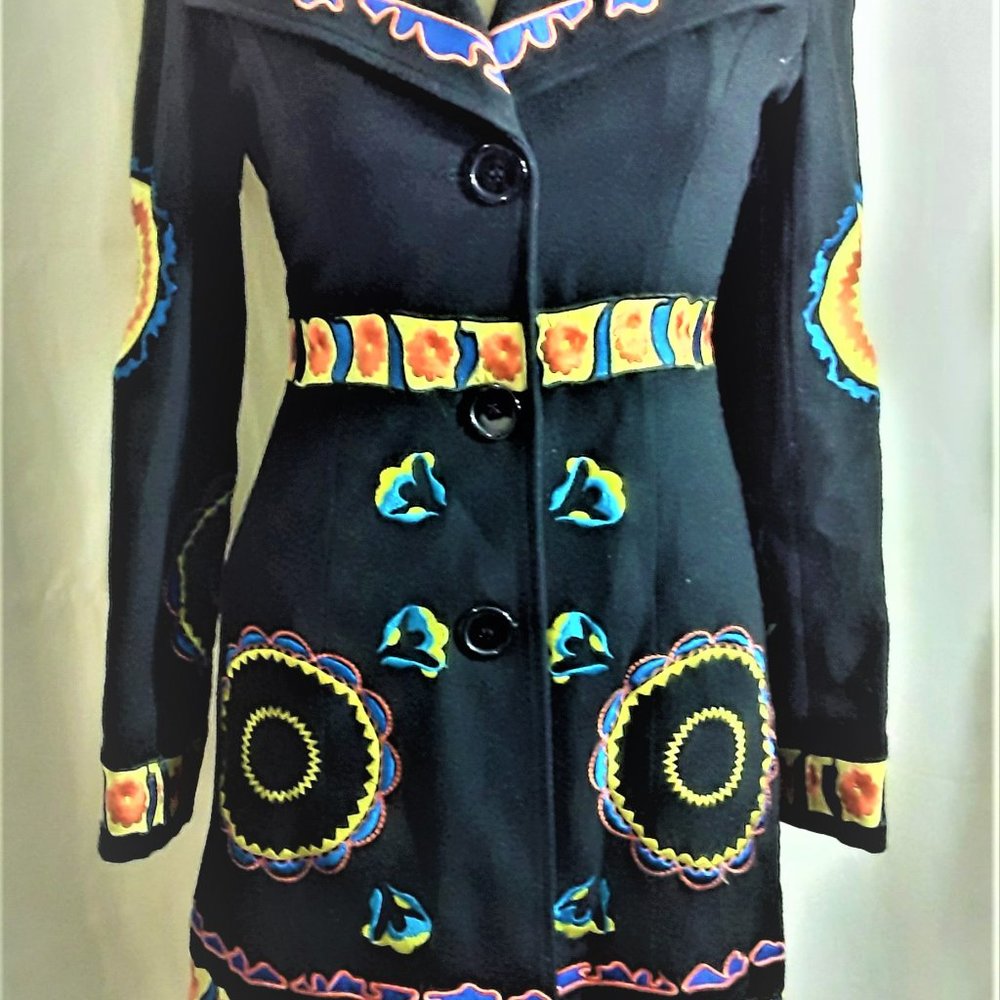 Pop Art Diva Wool Princess Coat Lavishly Embroidered Wearable Art Hippie Boho